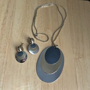 VTG Napier Statement Pendant Necklace 28 Inch Matching Earrings Modernist Metal‎